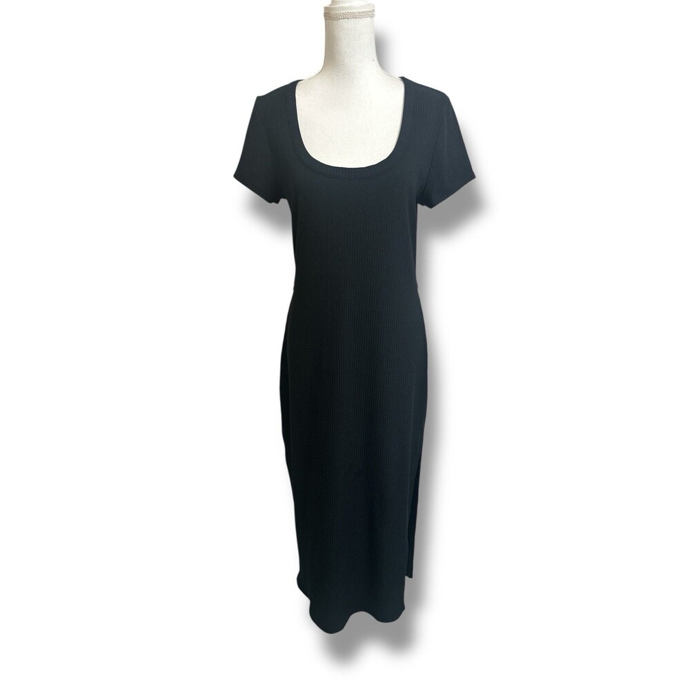 Bar III Women's XL Black Ribbed Scoop Neck Short Sleeve Midi Dress Slit Bodycon